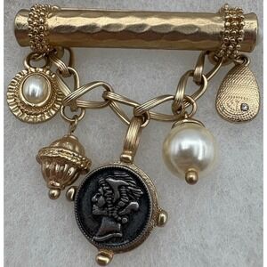Vintage Gold Tone Charm Brooch Pearl Cameo Sand Dollar Roman Coin Style Pin 2.5"